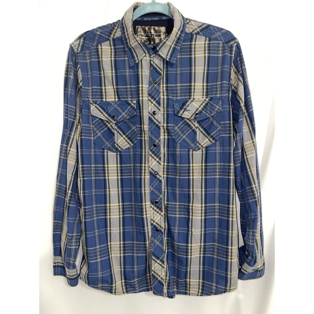 Realtree Shirt  Plaid Blue Yellow White Snap Button Western Men’s Medium